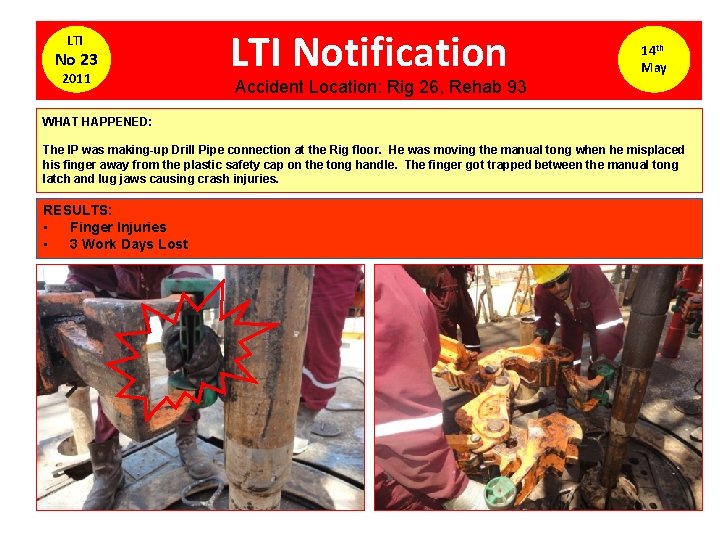 LTI No 23 2011 LTI Notification 14 th May Accident Location: Rig 26, Rehab