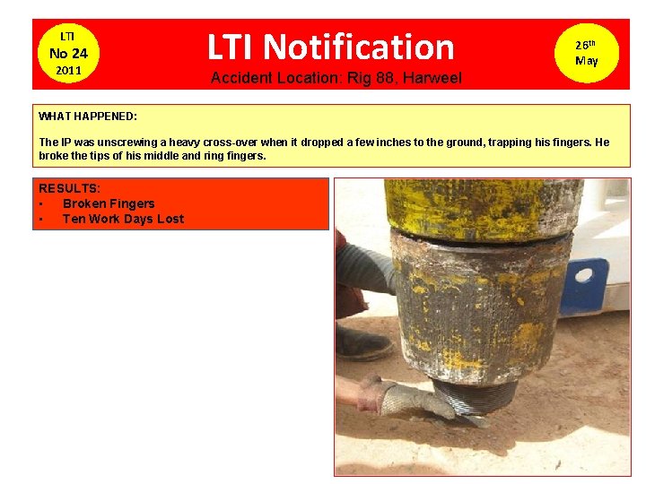 LTI No 24 2011 LTI Notification 26 th May Accident Location: Rig 88, Harweel