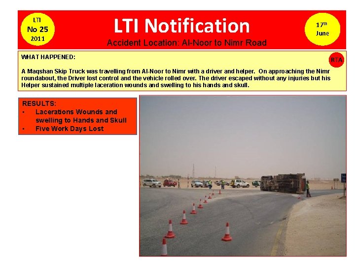 LTI No 25 2011 LTI Notification 17 th June Accident Location: Al-Noor to Nimr