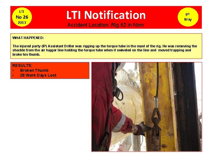 LTI No 26 2011 LTI Notification 9 th May Accident Location: Rig 82 in