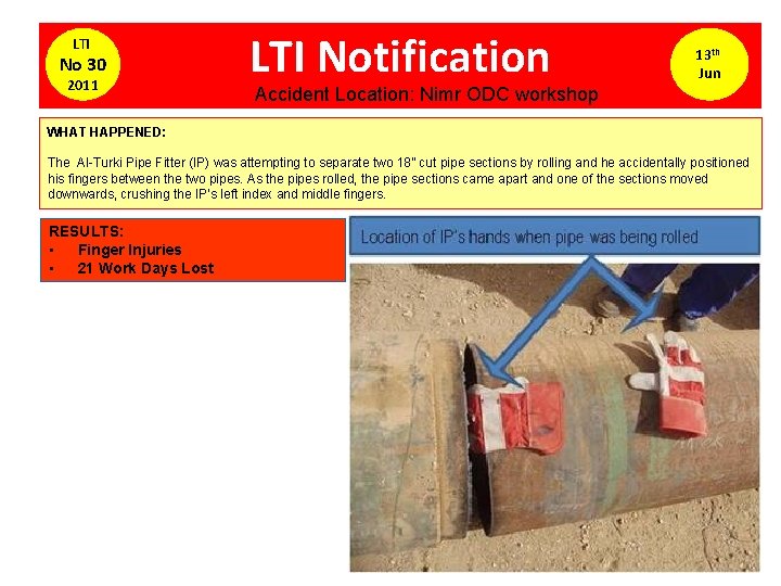 LTI No 30 2011 LTI Notification 13 th Jun Accident Location: Nimr ODC workshop