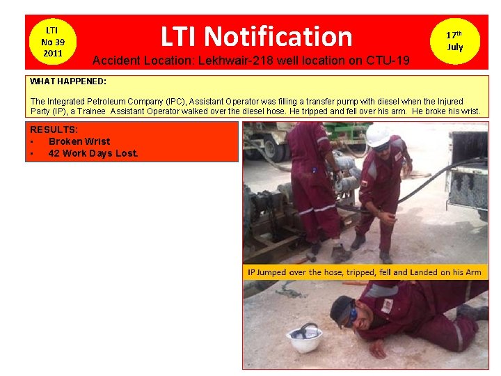 LTI No 39 2011 LTI Notification 17 th July Accident Location: Lekhwair-218 well location