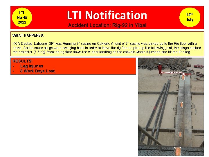 LTI No 40 2011 LTI Notification 14 th July Accident Location: Rig-92 in Yibal