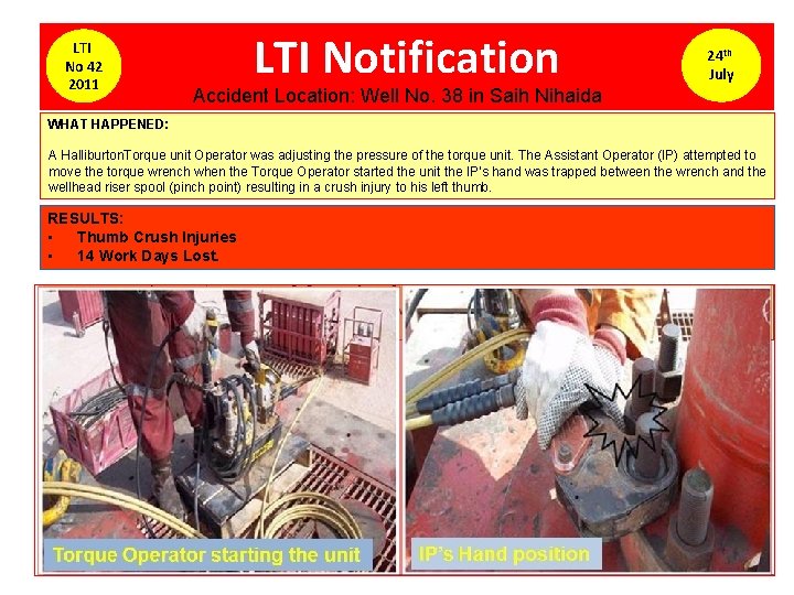 LTI No 42 2011 LTI Notification 24 th July Accident Location: Well No. 38