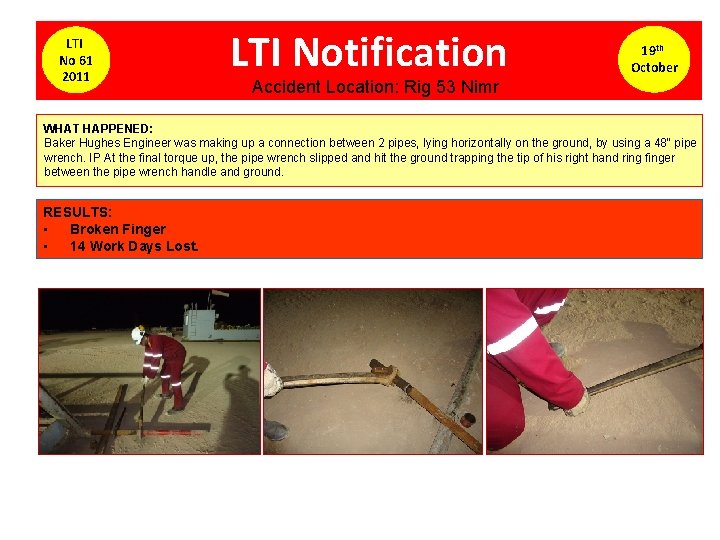 LTI No 61 2011 LTI Notification 19 th October Accident Location: Rig 53 Nimr