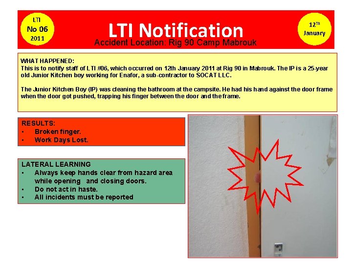 LTI No 06 2011 LTI Notification Accident Location: Rig 90 Camp Mabrouk 12 Th