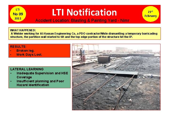 LTI No 09 2011 LTI Notification 21 st February Accident Location: Blasting & Painting