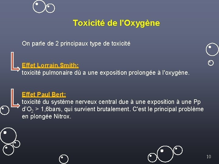 Toxicité de l'Oxygène On parle de 2 principaux type de toxicité Effet Lorrain. Smith: