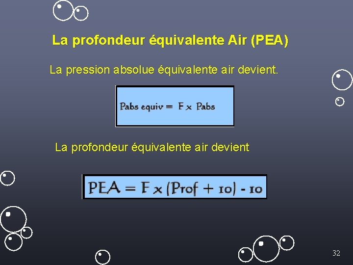 La profondeur équivalente Air (PEA) La pression absolue équivalente air devient. La profondeur équivalente