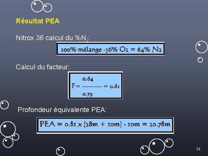 Résultat PEA Nitrox 36 calcul du %N 2: Calcul du facteur: Profondeur équivalente PEA: