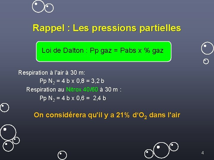 Rappel : Les pressions partielles Loi de Dalton : Pp gaz = Pabs x