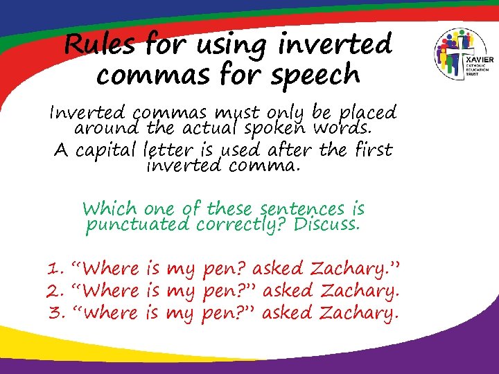 Rules for using inverted commas for speech Inverted commas must only be placed around