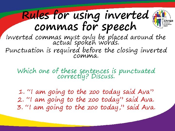 Rules for using inverted commas for speech Inverted commas must only be placed around