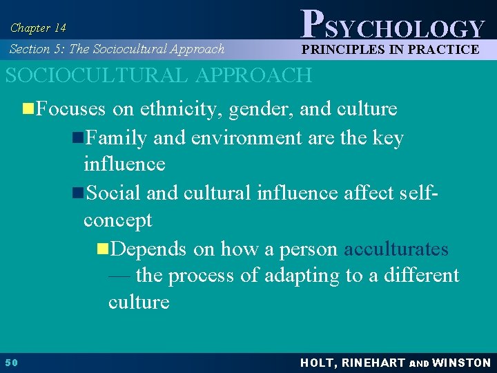 Chapter 14 Section 5: The Sociocultural Approach PSYCHOLOGY PRINCIPLES IN PRACTICE SOCIOCULTURAL APPROACH n.