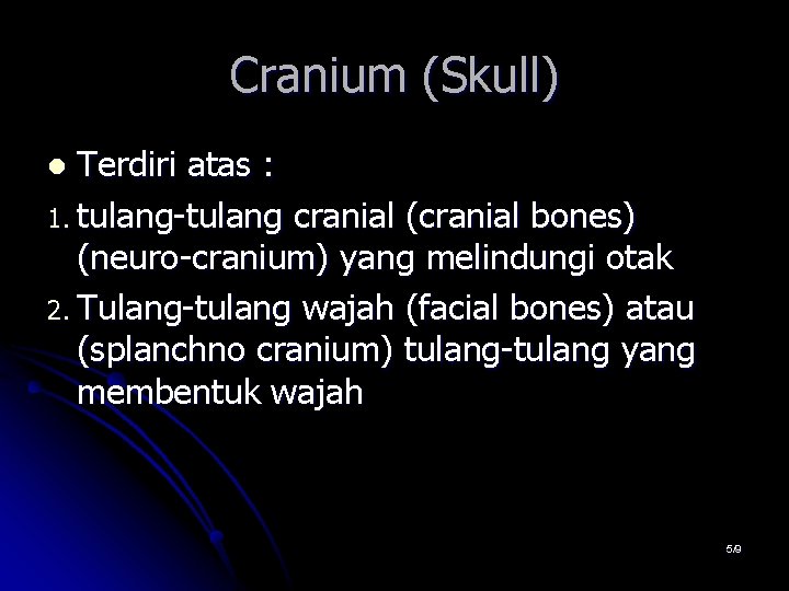 Cranium (Skull) Terdiri atas : 1. tulang-tulang cranial (cranial bones) (neuro-cranium) yang melindungi otak Cranium (Skull) Terdiri atas : 1. tulang-tulang cranial (cranial bones) (neuro-cranium) yang melindungi otak