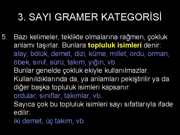 3. SAYI GRAMER KATEGORİSİ 5. Bazı kelimeler, teklikte olmalarına rağmen, çokluk anlamı taşırlar. Bunlara