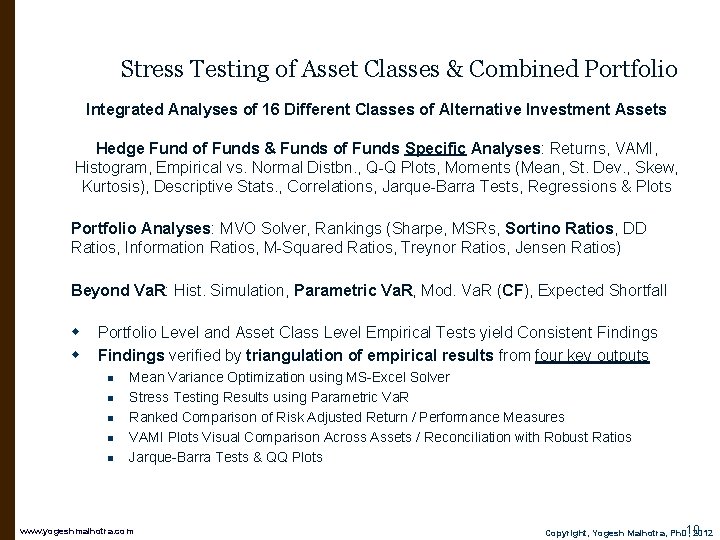 Stress Testing of Asset Classes & Combined Portfolio Integrated Analyses of 16 Different Classes