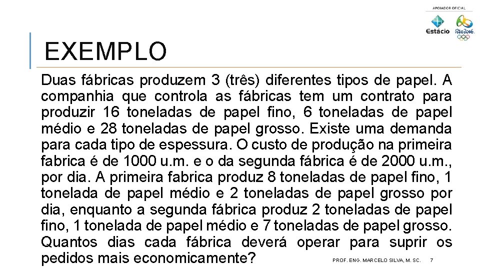 EXEMPLO Duas fábricas produzem 3 (três) diferentes tipos de papel. A companhia que controla