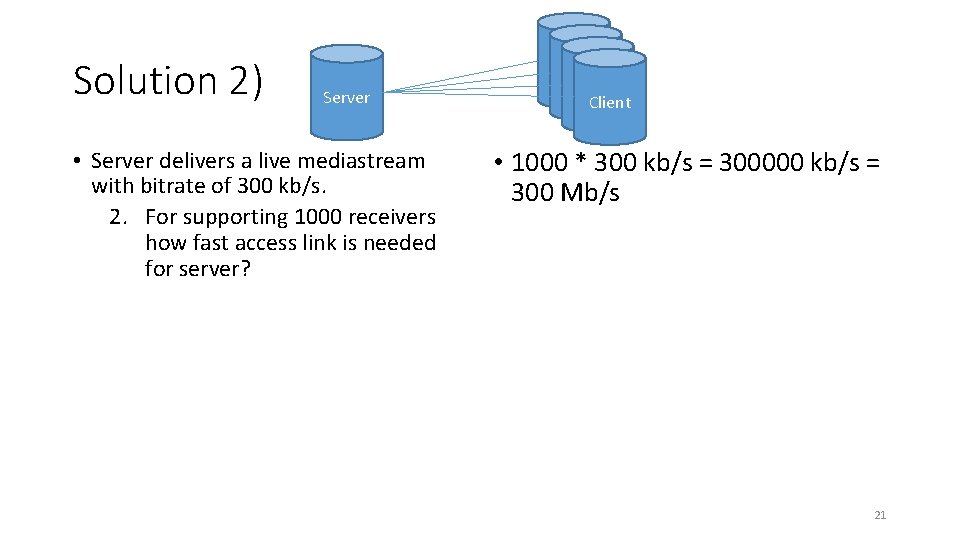 Solution 2) Server • Server delivers a live mediastream with bitrate of 300 kb/s.