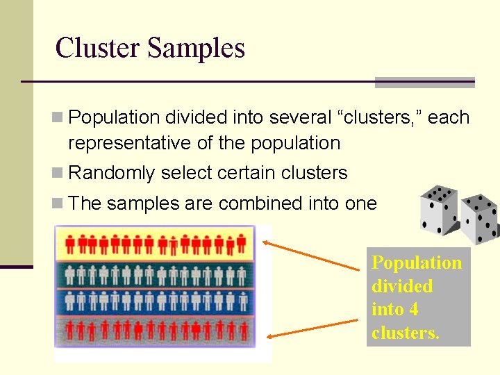 Cluster Samples n Population divided into several “clusters, ” each representative of the population