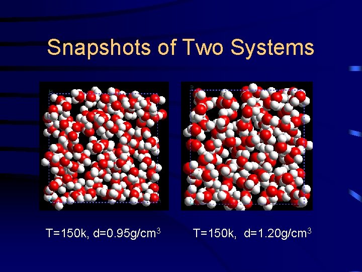 Snapshots of Two Systems T=150 k, d=0. 95 g/cm 3 T=150 k, d=1. 20