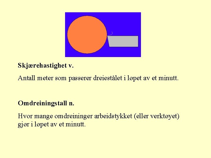 Skjærehastighet v. Antall meter som passerer dreiestålet i løpet av et minutt. Omdreiningstall n.