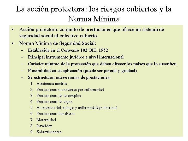 La acción protectora: los riesgos cubiertos y la Norma Mínima • • Acción protectora: