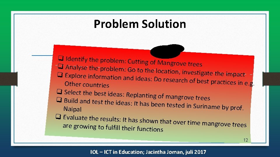 Problem Solution q Identify the problem: Cuttin g of Mangrove trees q Analyse the