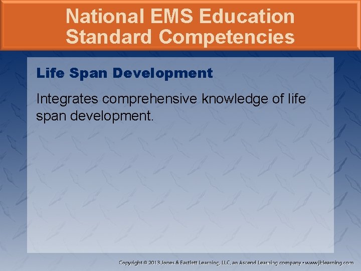 National EMS Education Standard Competencies Life Span Development Integrates comprehensive knowledge of life span National EMS Education Standard Competencies Life Span Development Integrates comprehensive knowledge of life span