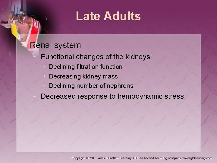 Late Adults • Renal system − Functional changes of the kidneys: • Declining filtration Late Adults • Renal system − Functional changes of the kidneys: • Declining filtration