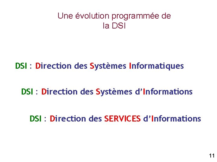 Une évolution programmée de la DSI : Direction des Systèmes Informatiques DSI : Direction