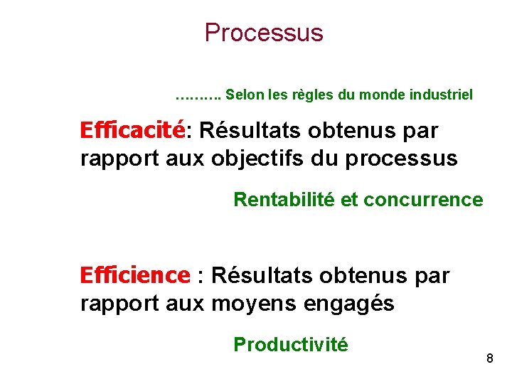 Processus ………. Selon les règles du monde industriel Efficacité: Résultats obtenus par rapport aux