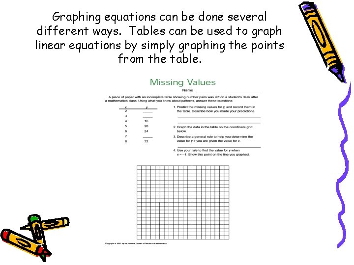 Graphing equations can be done several different ways. Tables can be used to graph