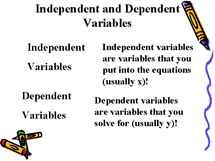 Independent and Dependent Variables Independent Variables Dependent Variables Independent variables are variables that you