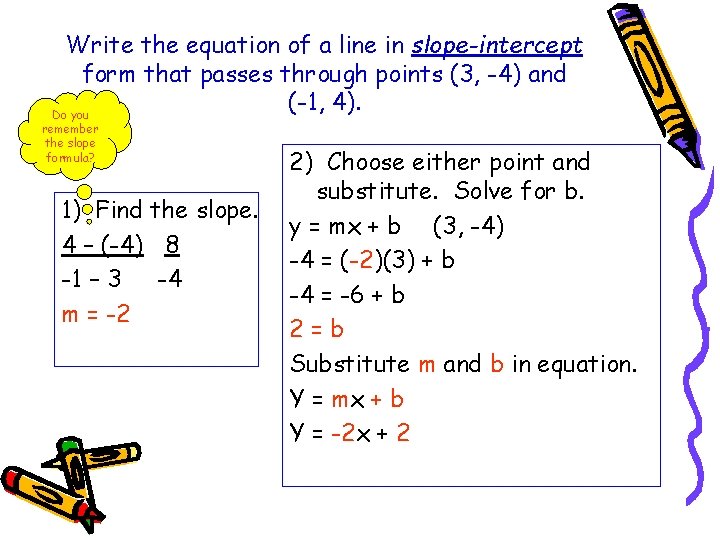Write the equation of a line in slope-intercept form that passes through points (3,