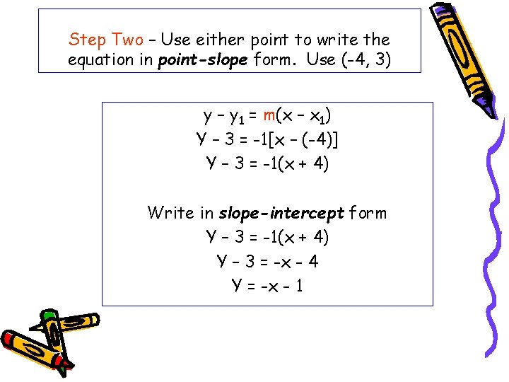 Step Two – Use either point to write the equation in point-slope form. Use