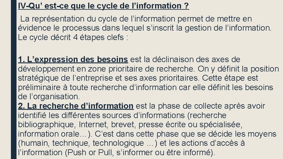 IV-Qu’ est-ce que le cycle de l’information ? La représentation du cycle de l’information