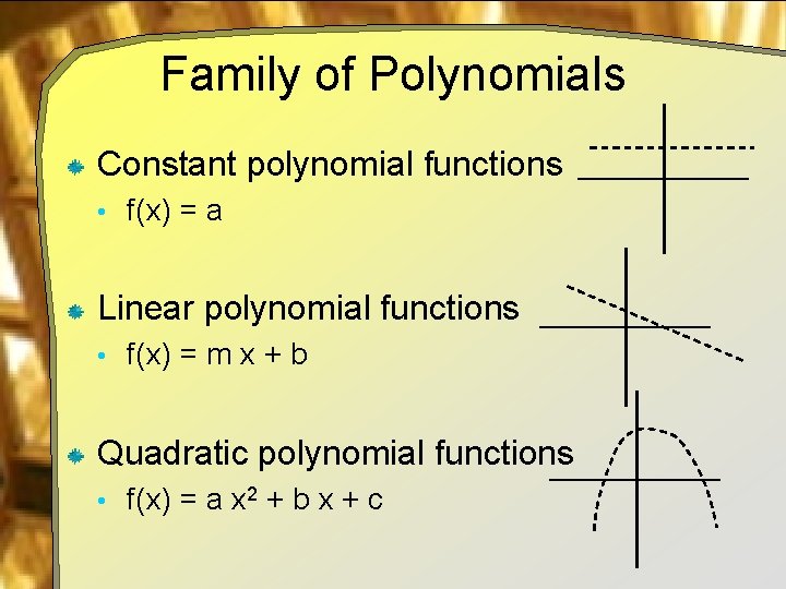 Family of Polynomials Constant polynomial functions • f(x) = a Linear polynomial functions •