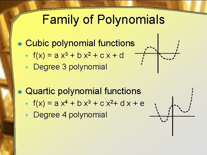 Family of Polynomials Cubic polynomial functions • f(x) = a x 3 + b