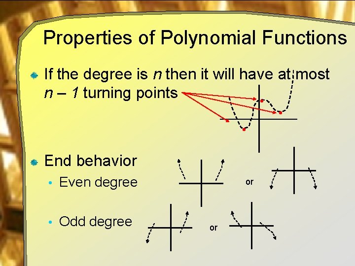 Properties of Polynomial Functions If the degree is n then it will have at