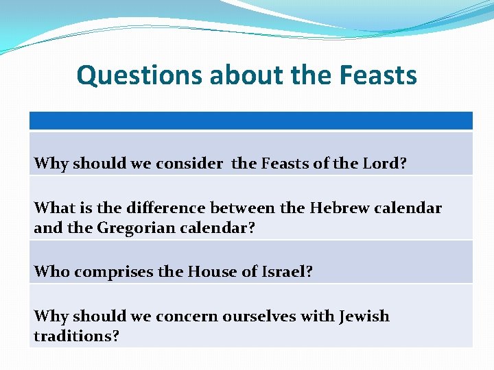 Questions about the Feasts Why should we consider the Feasts of the Lord? What