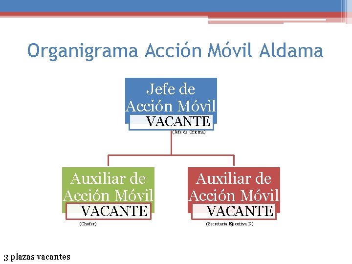 Organigrama Acción Móvil Aldama Jefe de Acción Móvil VACANTE (Jefe de Oficina) Auxiliar de