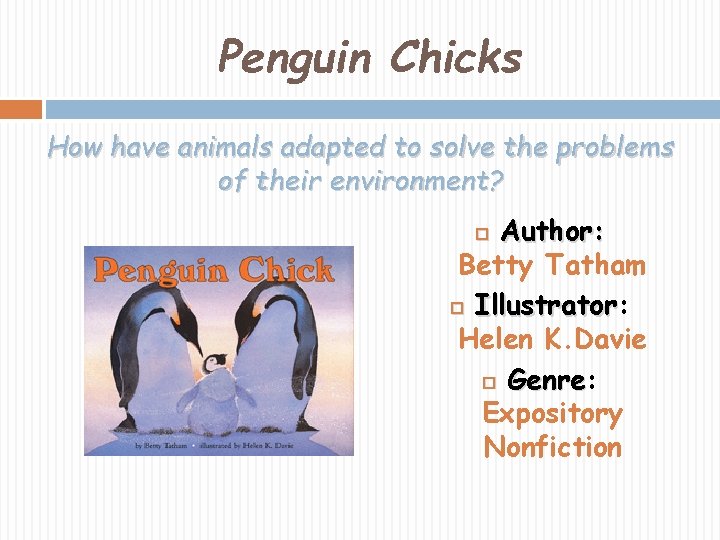 Penguin Chicks How have animals adapted to solve the problems of their environment? Author: