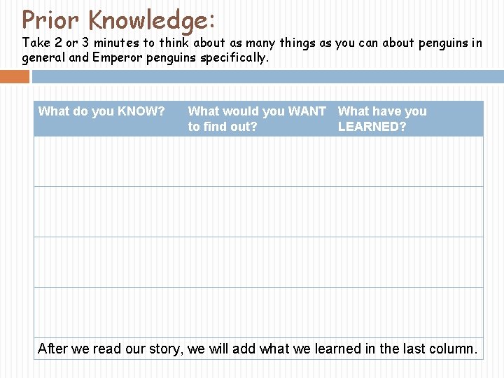 Prior Knowledge: Take 2 or 3 minutes to think about as many things as