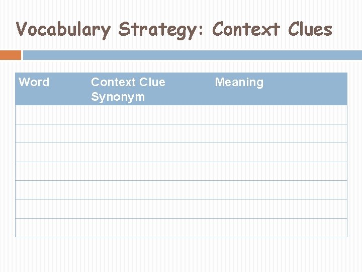 Vocabulary Strategy: Context Clues Word Context Clue Synonym Meaning 