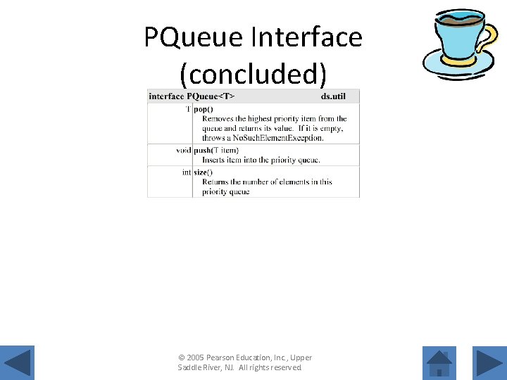 PQueue Interface (concluded) © 2005 Pearson Education, Inc. , Upper Saddle River, NJ. All