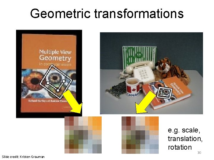 Geometric transformations e. g. scale, translation, rotation Slide credit: Kristen Grauman 30 