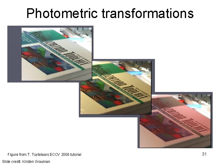 Photometric transformations Figure from T. Tuytelaars ECCV 2006 tutorial Slide credit: Kristen Grauman 31
