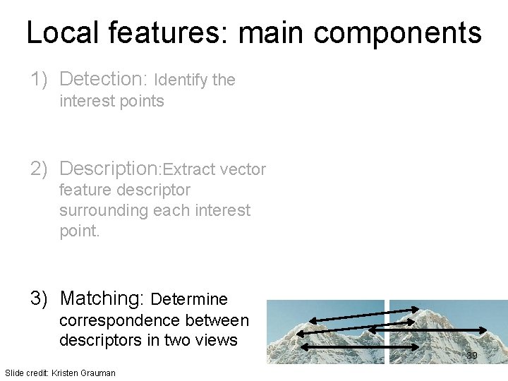 Local features: main components 1) Detection: Identify the interest points 2) Description: Extract vector