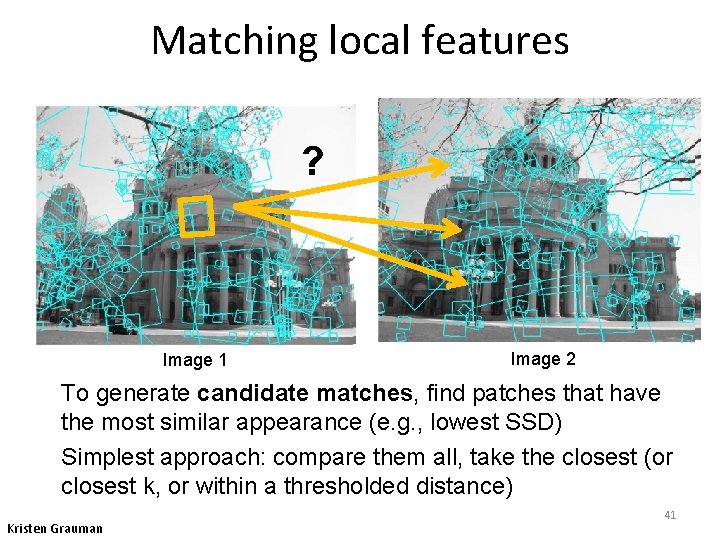 Matching local features ? Image 1 Image 2 To generate candidate matches, find patches